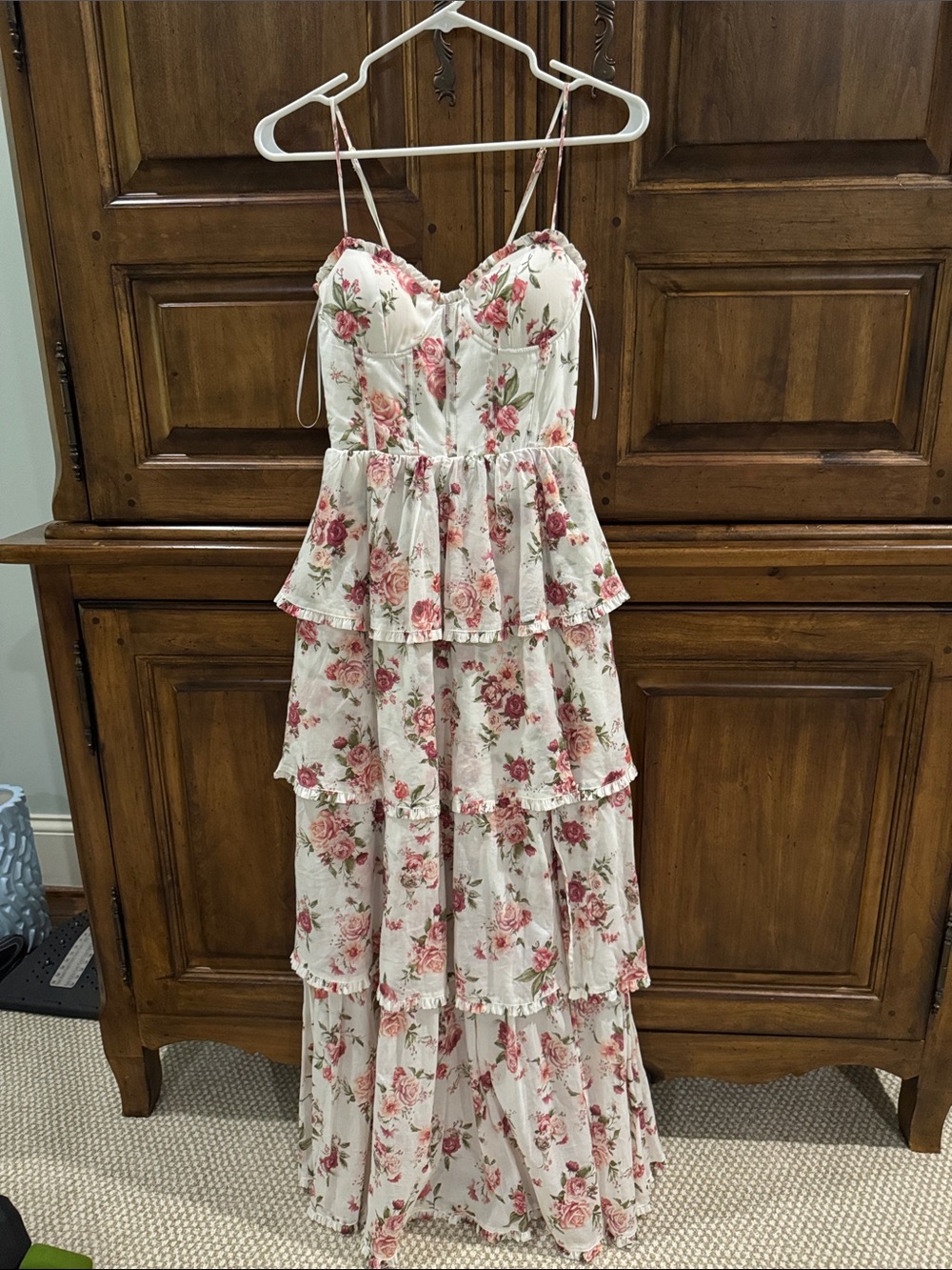 Altar'd State Cream Maxi Dress with Pink Rose Print NWOT - XS